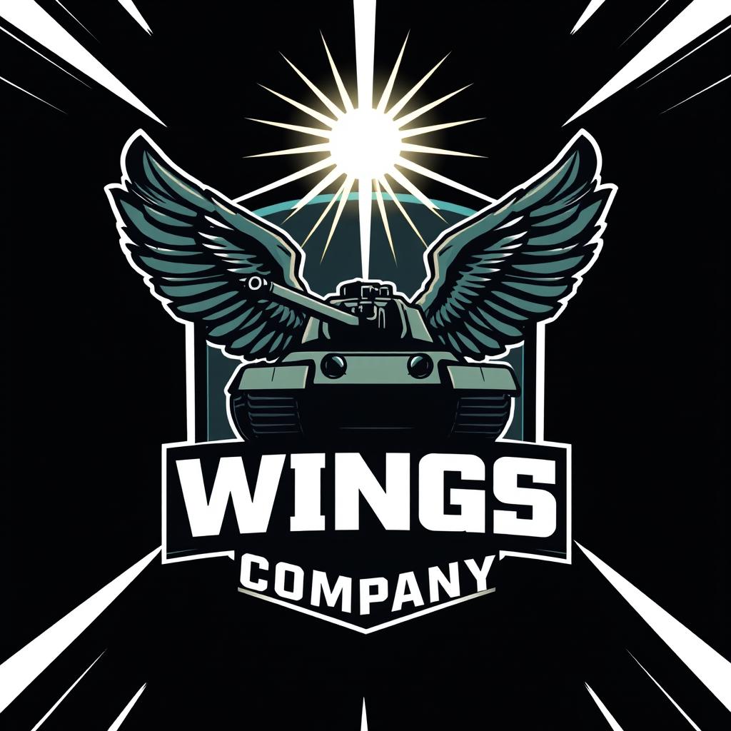 A dynamic and creative design featuring a tank with bird-like wings, symbolizing strength and flight, enclosed within a shield-shaped badge