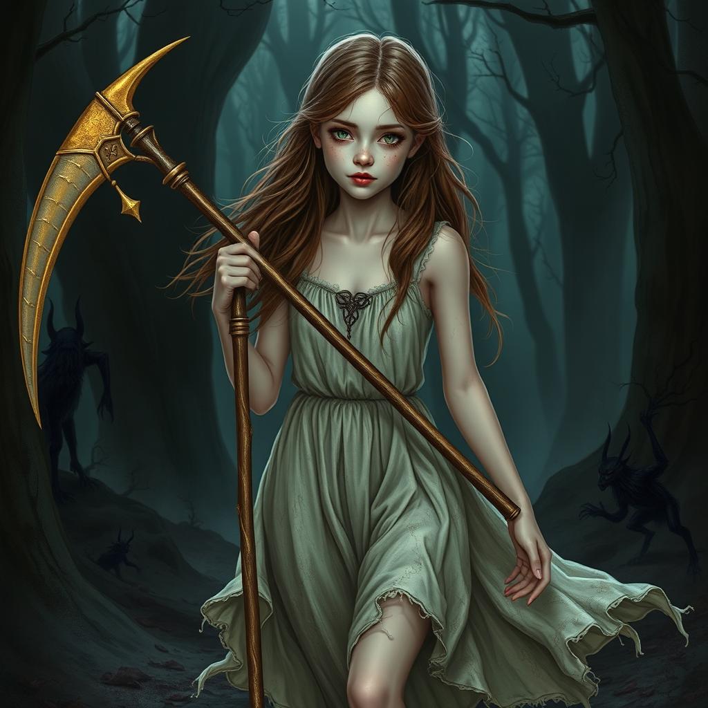 A beautiful girl with pale skin, freckles on her face, light green eyes, and long brown hair, holding a long golden scythe