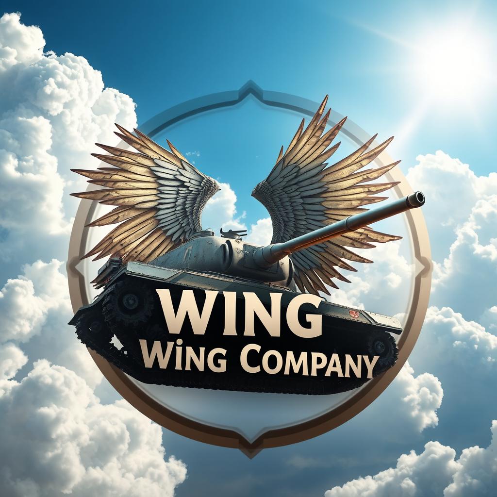 A surreal scene featuring a tank adorned with intricate bird wings, floating majestically against a backdrop of a blue sky filled with fluffy white clouds