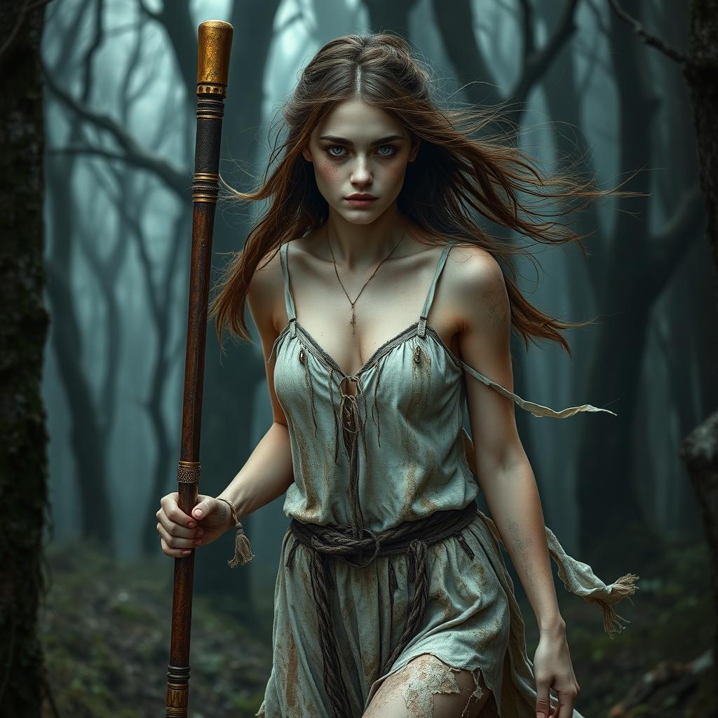 A stunningly beautiful young woman with pale skin, freckles on her face, and clear green eyes, walking through a breathtaking yet terrifying dark fantasy forest