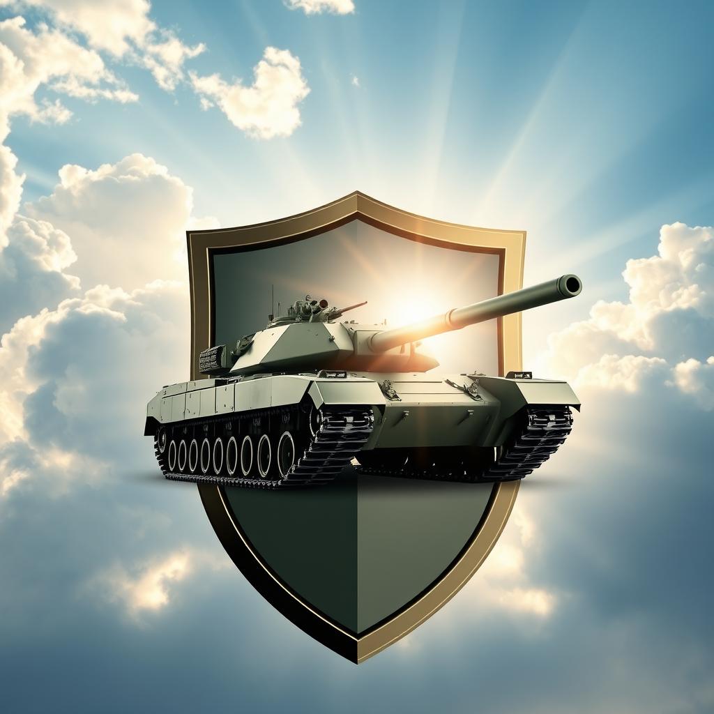 A dynamic scene of a modern military tank positioned inside a circular shield, with a vivid sky background filled with soft white clouds and a bright ray of sunshine illuminating the tank