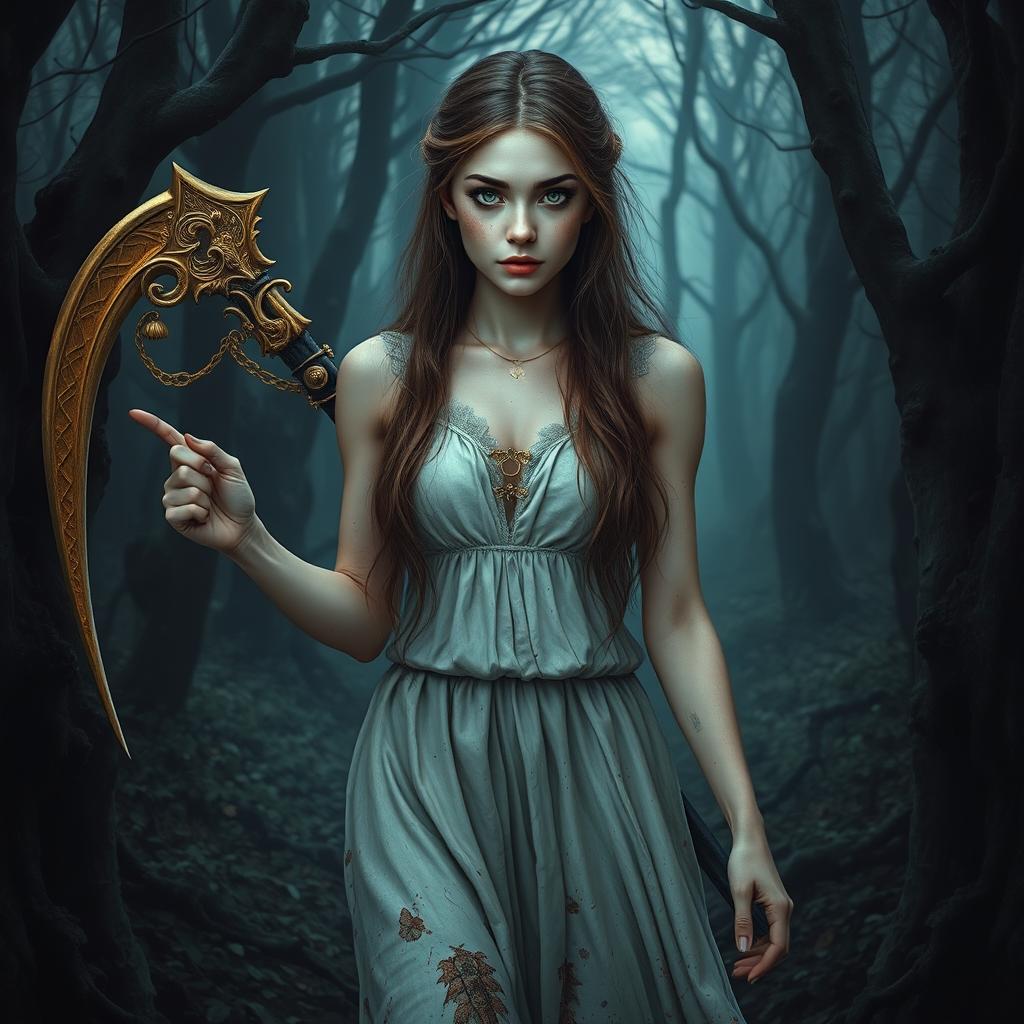 A beautiful young woman with pale skin and freckles on her face, bright green eyes, and long brown hair walks through a captivating yet eerie forest