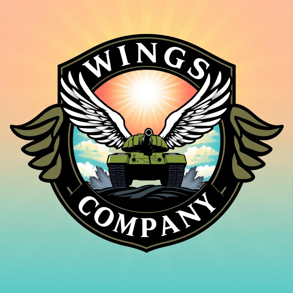 A striking badge design featuring a tank with wings prominently placed inside a shield shape