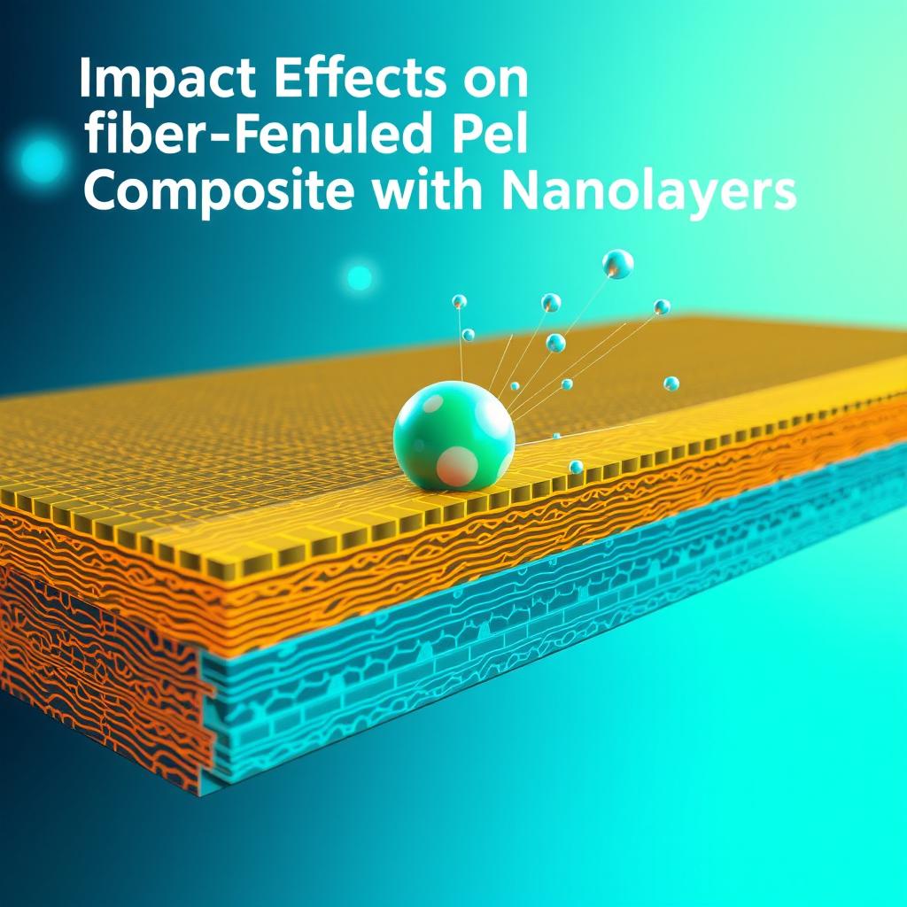 An engaging and scientific illustration for the cover of a book focused on the effect of low velocity impact on fiber-reinforced polymer composites with nanolayers