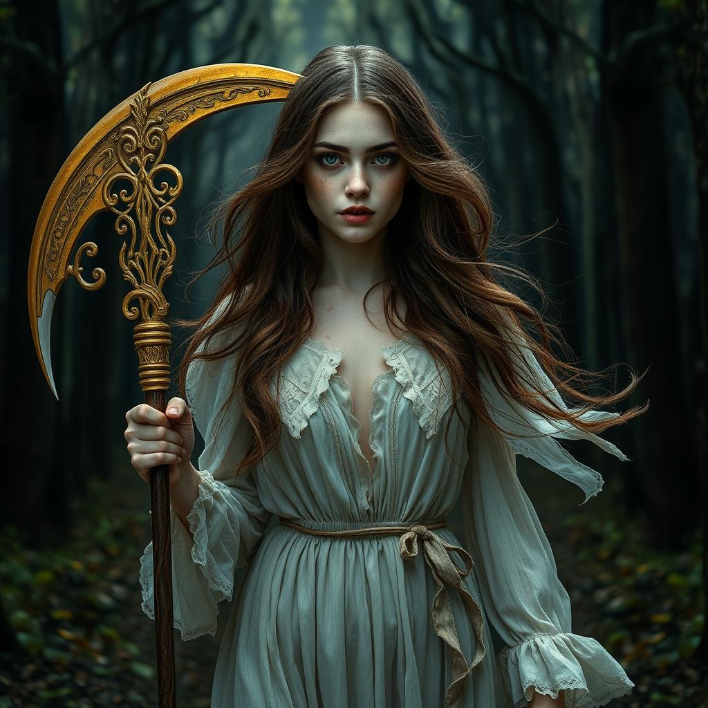 A stunning young woman with pale skin and freckles adorning her face, bright green eyes, and flowing brown hair walks gracefully through an enchanting yet ominous forest