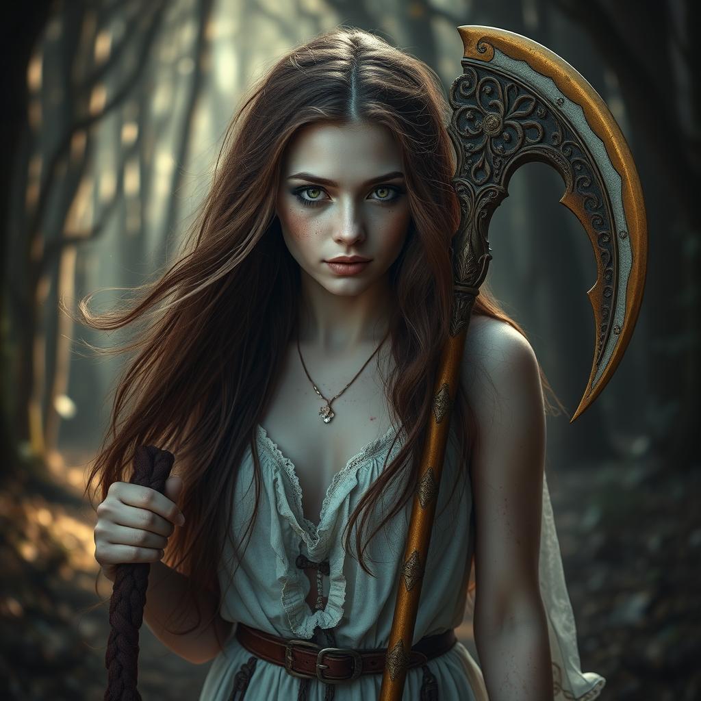 A stunning young woman with pale skin and freckles adorning her face, vibrant green eyes, and long, flowing brown hair walks through a mesmerizing yet eerie forest