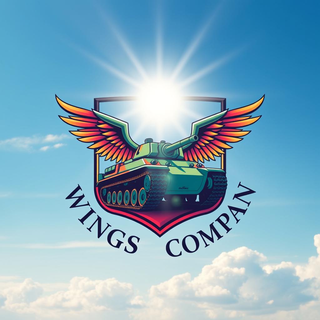 A blue sky with a brilliant ray of sunshine illuminating a fantastical tank with wings, enclosed within a shield-shaped badge