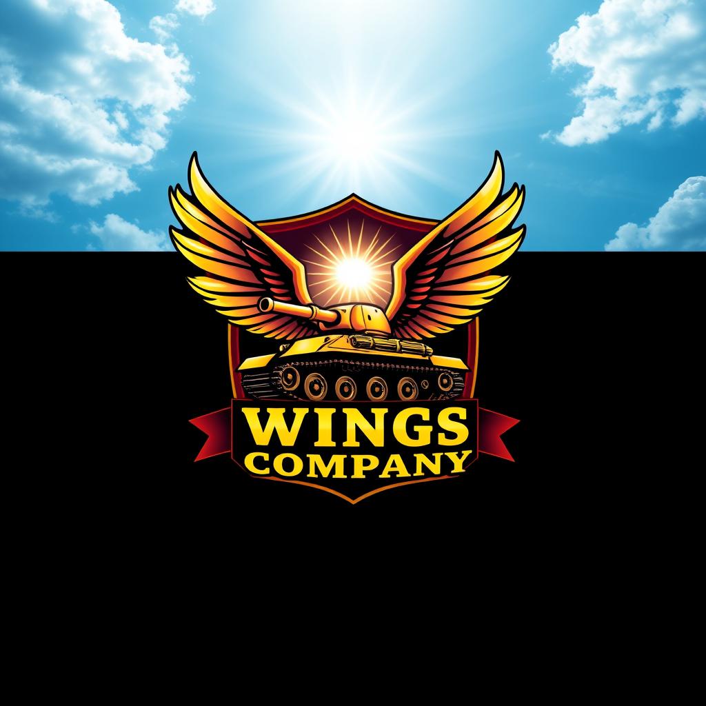 A blue sky with a radiant ray of sunshine illuminating a fantastical tank with wings, set inside a shield-shaped badge