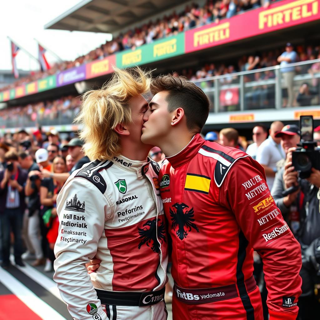 A vibrant and dynamic image of a person passionately kissing George Russell at a Formula 1 event