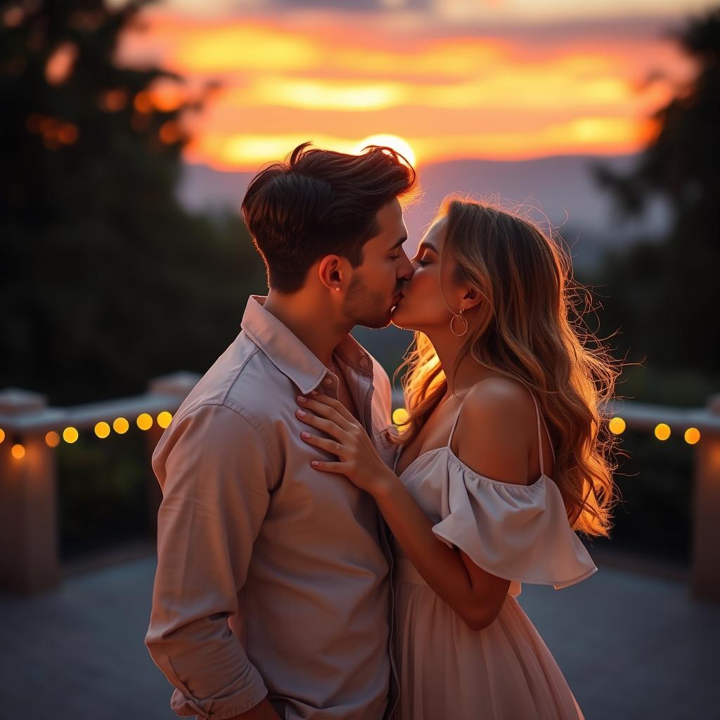 A romantic scene featuring two adults sharing a passionate kiss in a beautiful setting