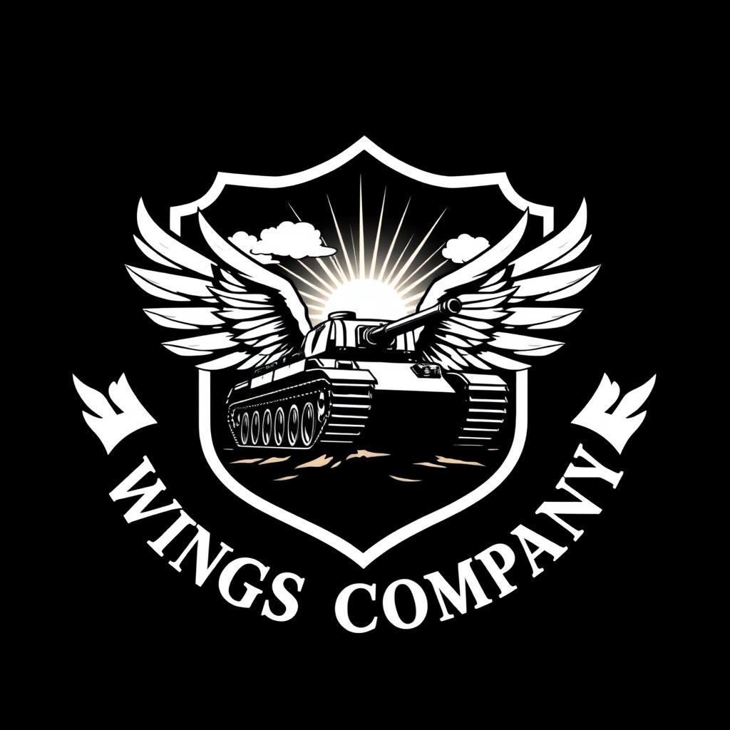 A stylized badge featuring a tank with wings inside a shield shape