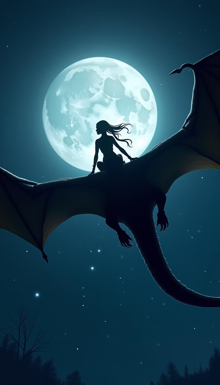 A captivating nighttime fantasy scene featuring a young warrior woman flying on a majestic dragon