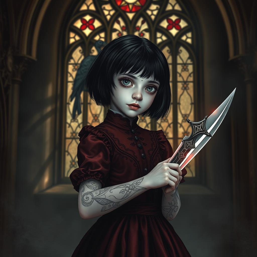 A young vampire girl with very pale skin, striking grey eyes, and short black hair stands confidently in a gothic castle
