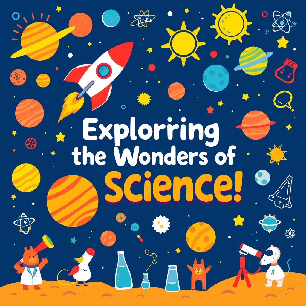 A vibrant and engaging science cover image for children, featuring colorful illustrations of planets, the sun, and stars in a whimsical outer space setting