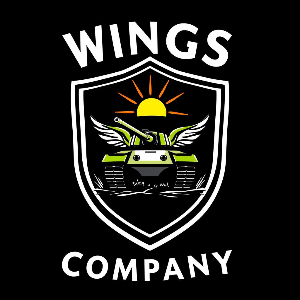A striking design featuring a large shield-shaped badge at the center, containing an imaginative tank with wings inside