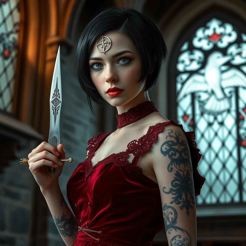 A young vampire woman with very pale skin, captivating grey eyes, and short black hair stands confidently in a gothic castle