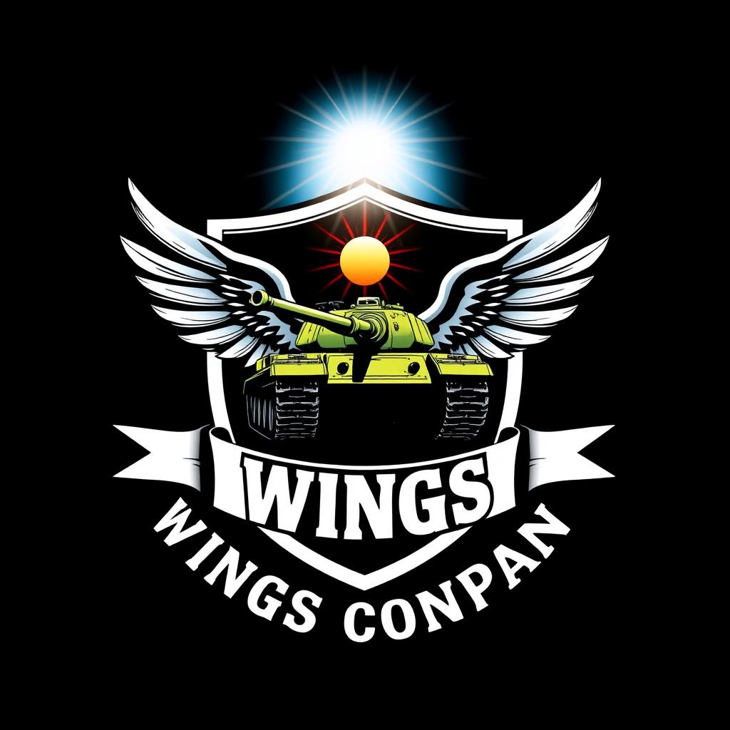 A visually striking illustration featuring a shield-shaped badge as the central element, inside which is a creatively designed tank with wings, symbolizing strength and freedom