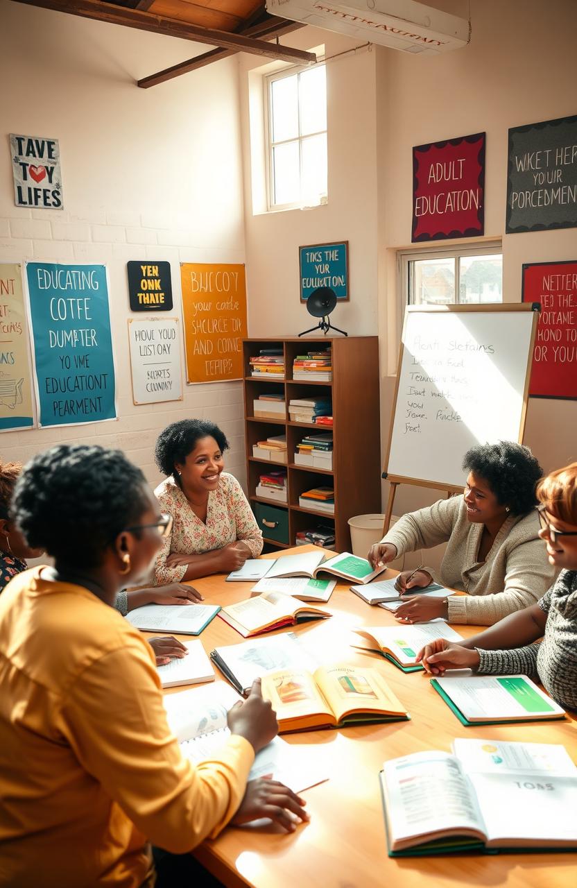 A vibrant and inspiring scene depicting adult literacy in a community setting