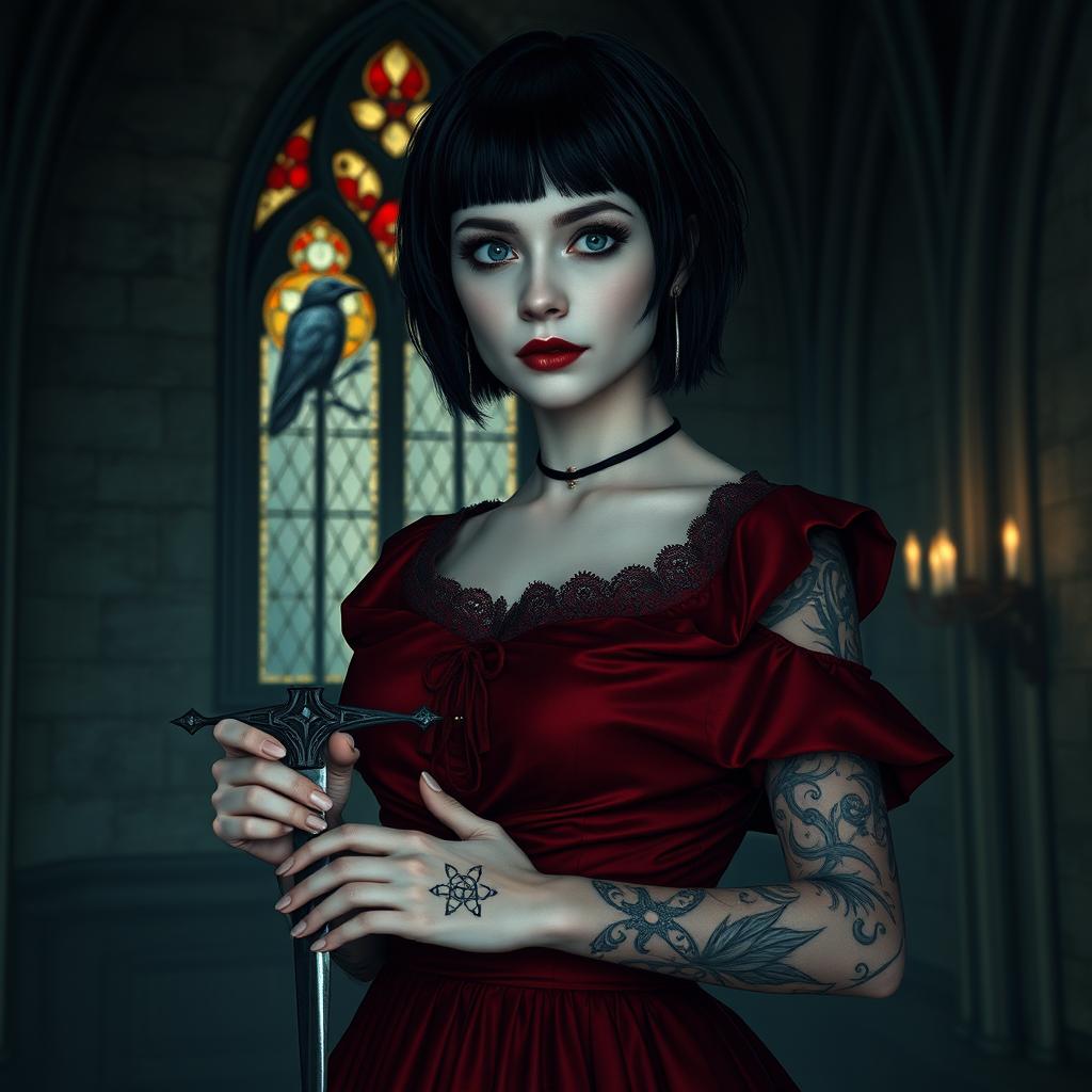 A young vampire woman with extremely pale skin, striking grey eyes, and short black hair stands in a gothic castle, embodying the essence of dark fantasy