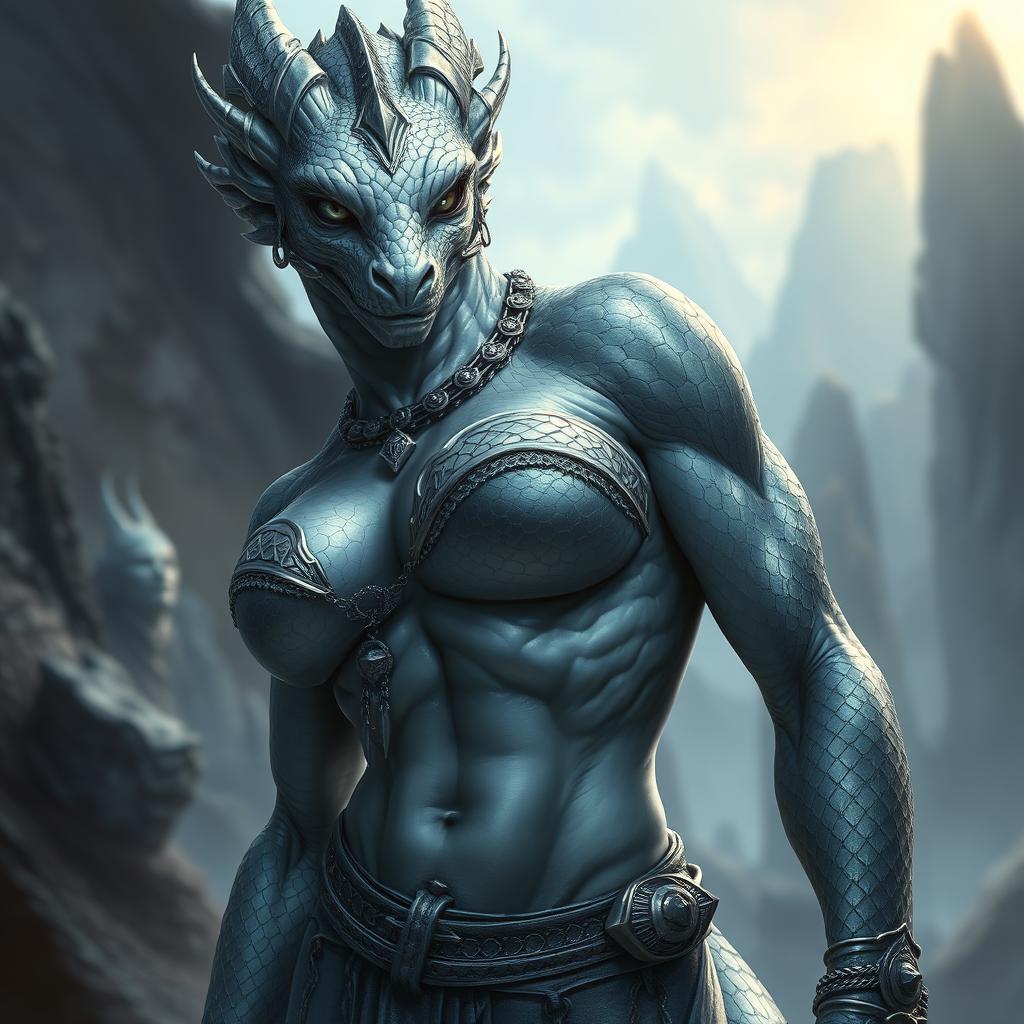 A striking silver female dragonborn with a muscular yet curvaceous build, adorned in minimal clothing that is predominantly jewelry