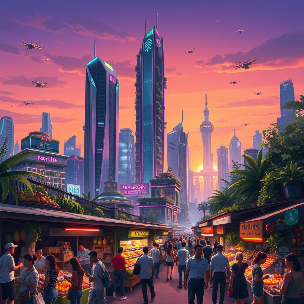 Create a vibrant digital illustration of a futuristic cityscape at dusk, showcasing towering skyscrapers made of glass and steel, illuminated with neon lights in various colors