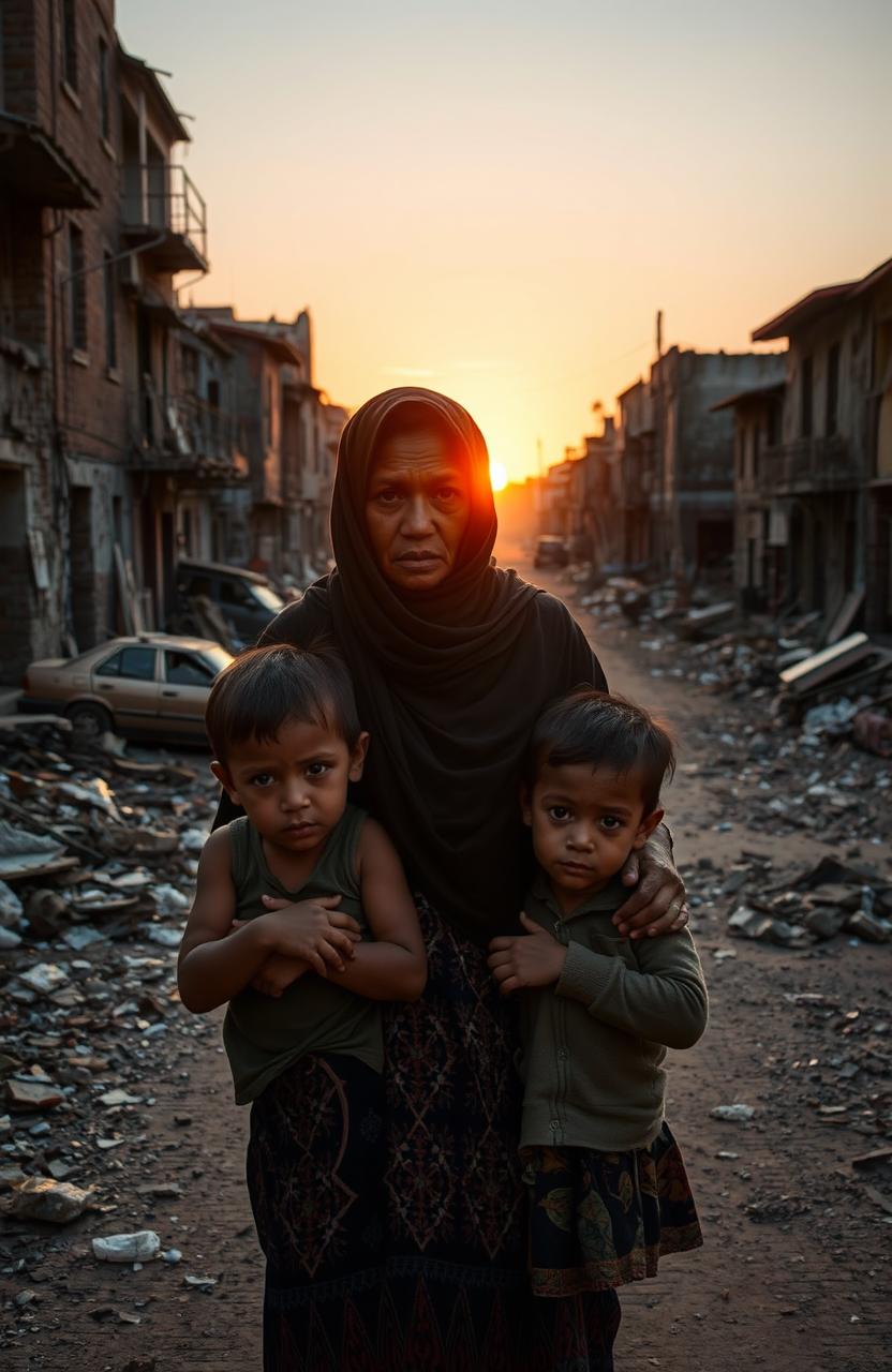 A poignant scene depicting poverty in an urban environment, showcasing a dilapidated neighborhood with crumbling buildings and litter-strewn streets