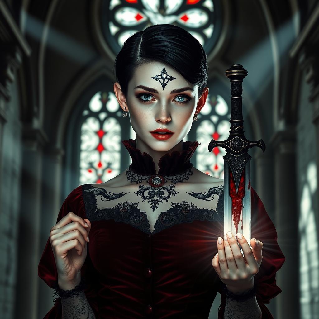 A young vampire woman with extremely pale skin, piercing grey eyes, and short black hair stands in a gothic castle, embodying the essence of dark fantasy