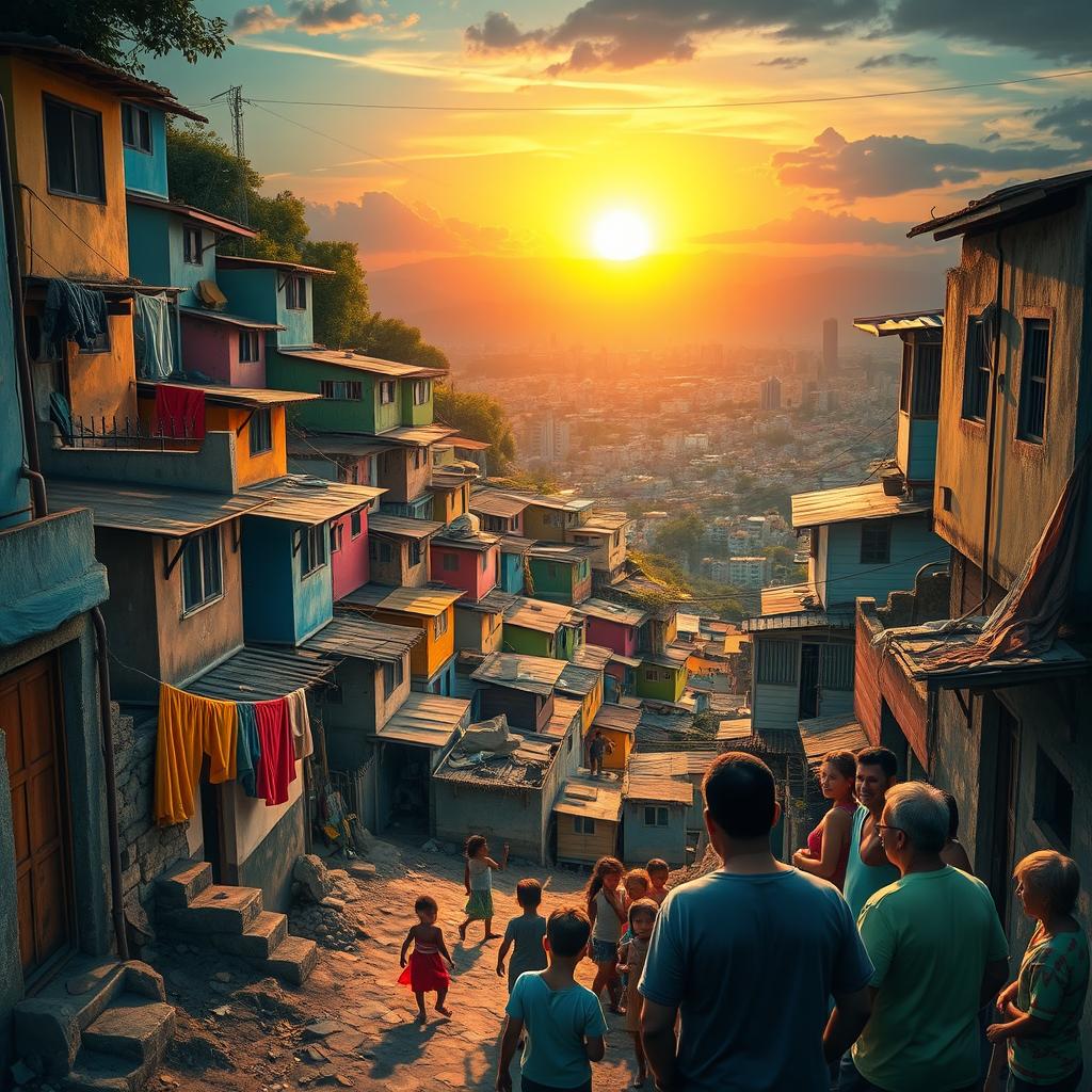 A vivid and emotional portrayal of poverty in a Brazilian favela, featuring colorful yet humble homes stacked on a hillside