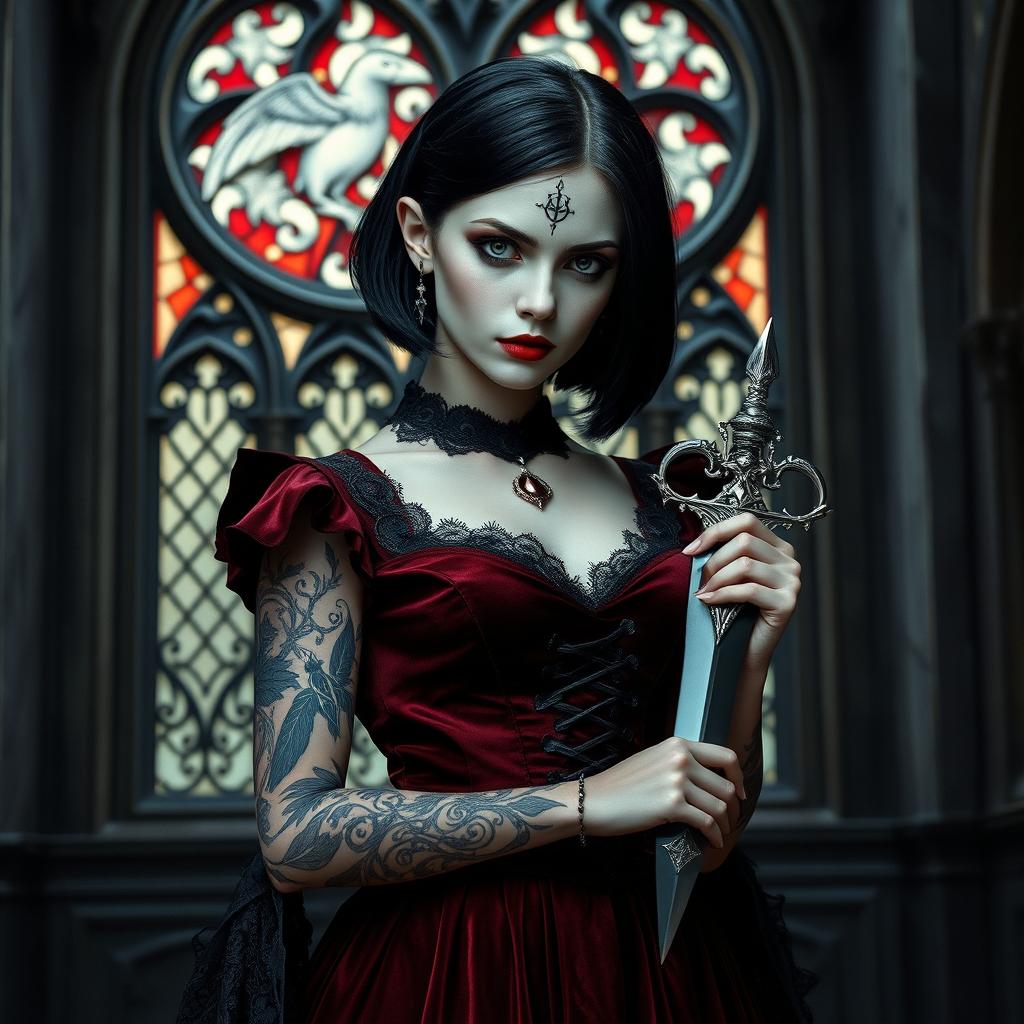A young vampire woman with very pale skin, mesmerizing grey eyes, and short black hair stands poised in a gothic castle