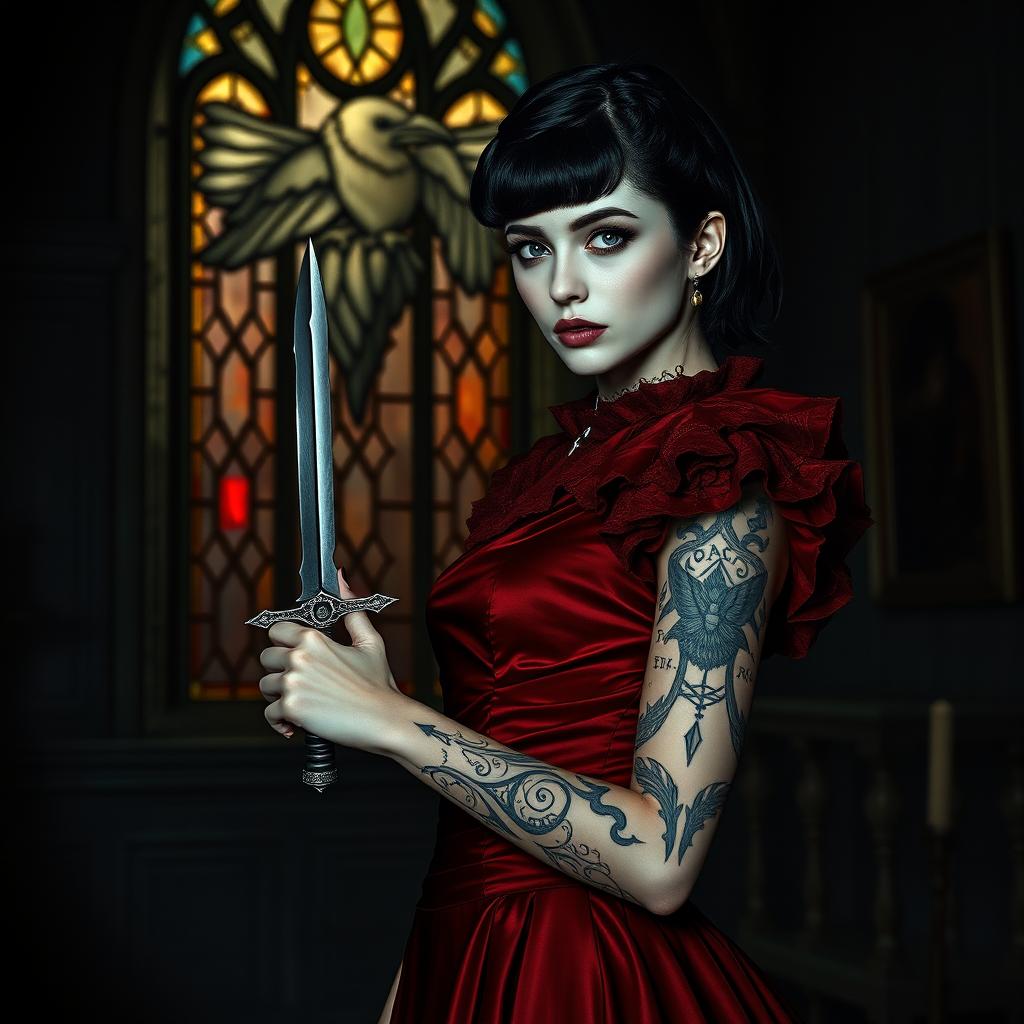 A young vampire woman with very pale skin, captivating grey eyes, and short black hair stands confidently in a dark gothic castle