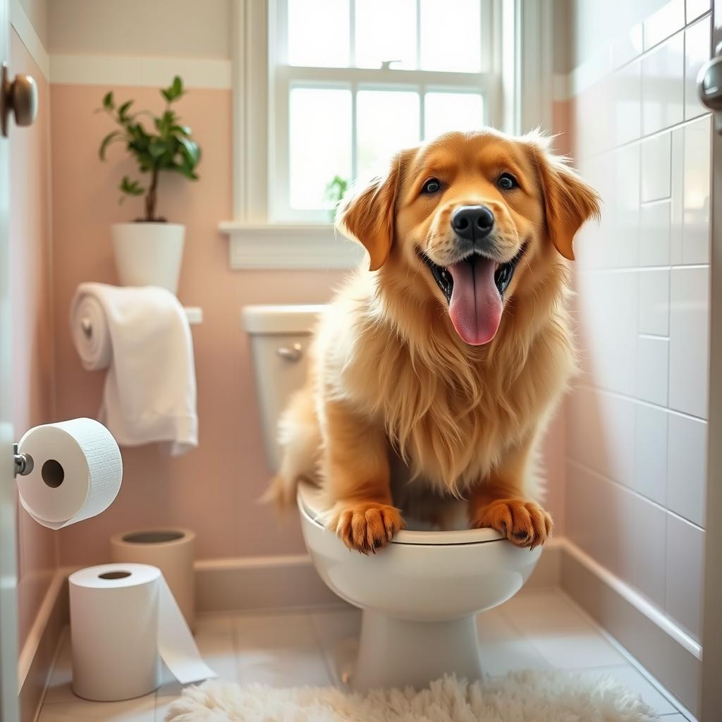 A humorous scene featuring a medium-sized dog, sitting on a toilet in a bright, cozy bathroom