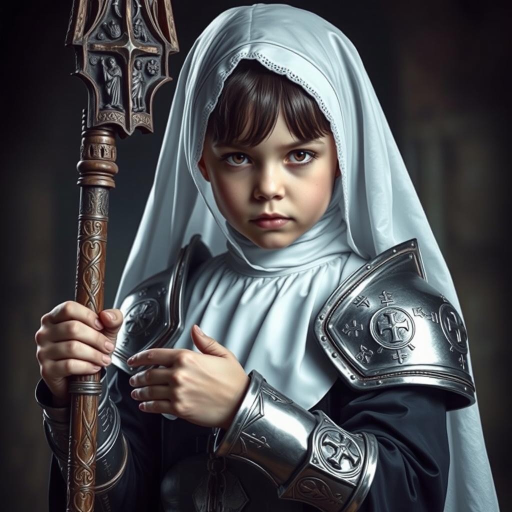 A young girl in a dark fantasy setting wears a nun's outfit complemented by silver armor on her shoulders and arms