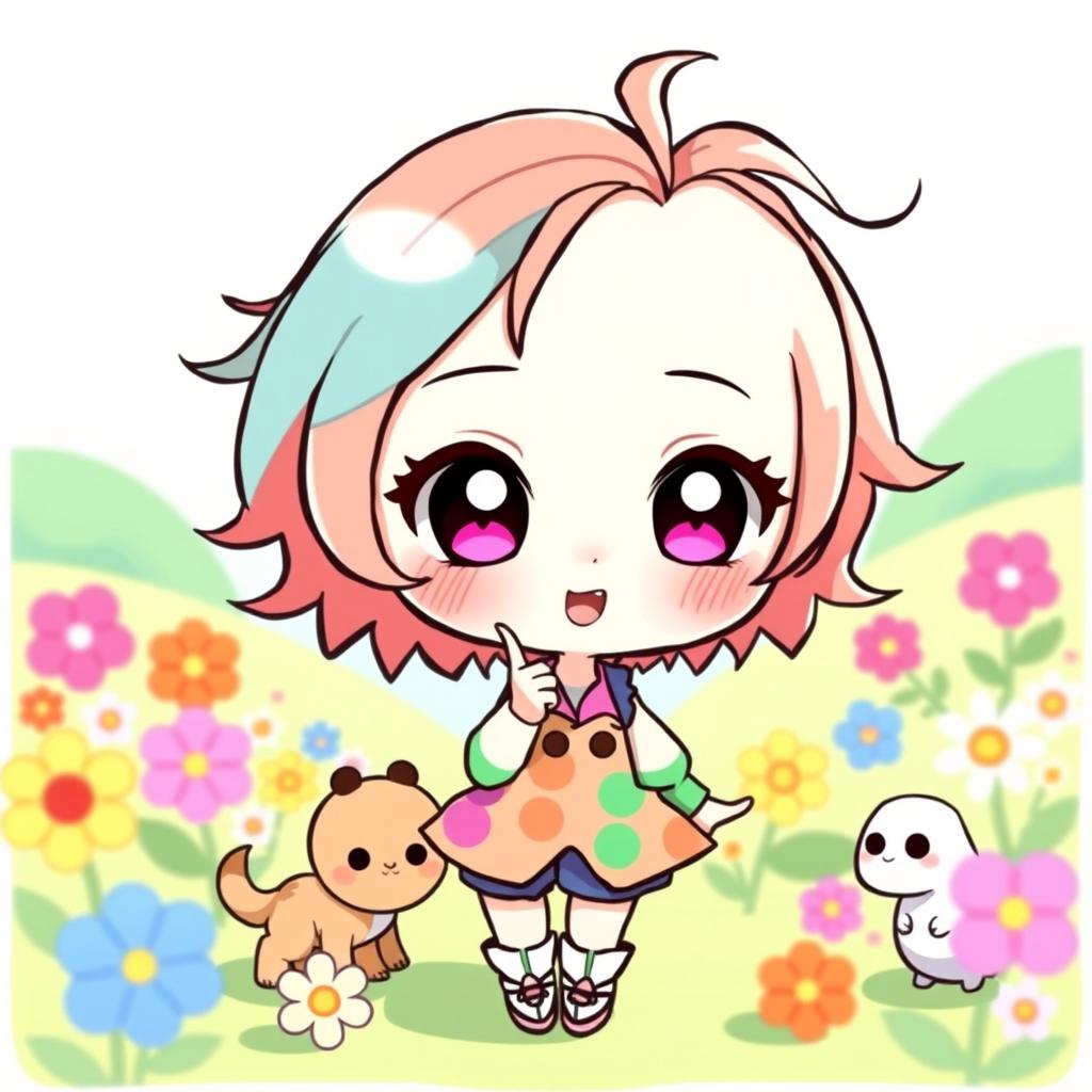 A chibi-style drawing of a cute character with oversized head, big expressive eyes, and a small body