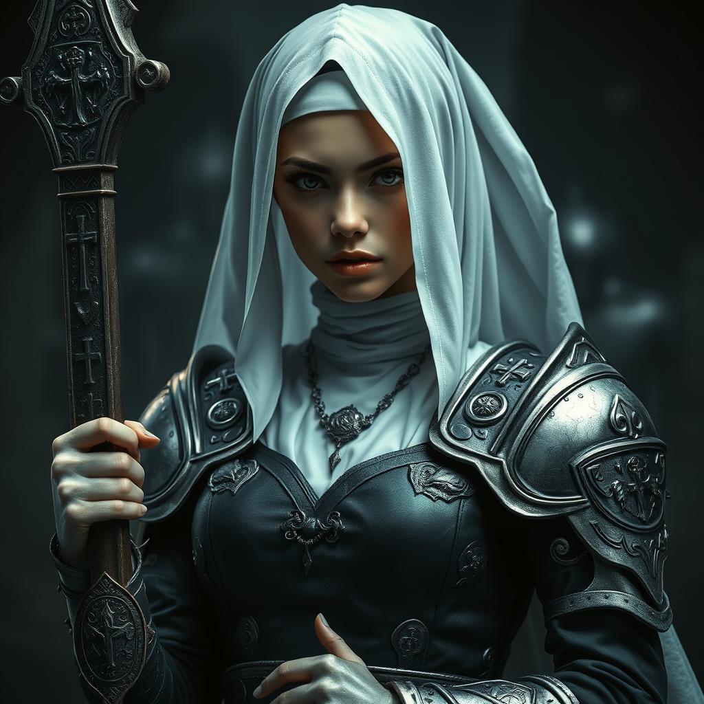 A young woman in a dark fantasy setting dons a nun's outfit enhanced with silver armor on her shoulders and arms, featuring intricate religious decorations that signify her divine mission