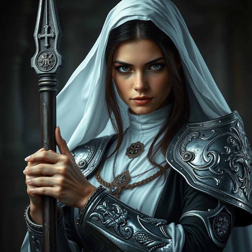 A young woman in a dark fantasy setting, dressed in a nun's attire complemented by shimmering silver armor on her shoulders and arms, intricately adorned with religious decorations that reflect her sacred duty