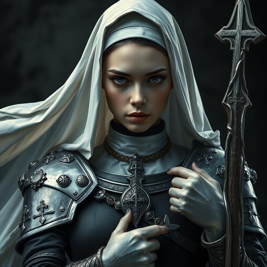 In a dark fantasy setting, a young woman is depicted wearing a nun's outfit adorned with silver armor on her shoulders and arms, featuring intricate religious decorations that emphasize her sacred role