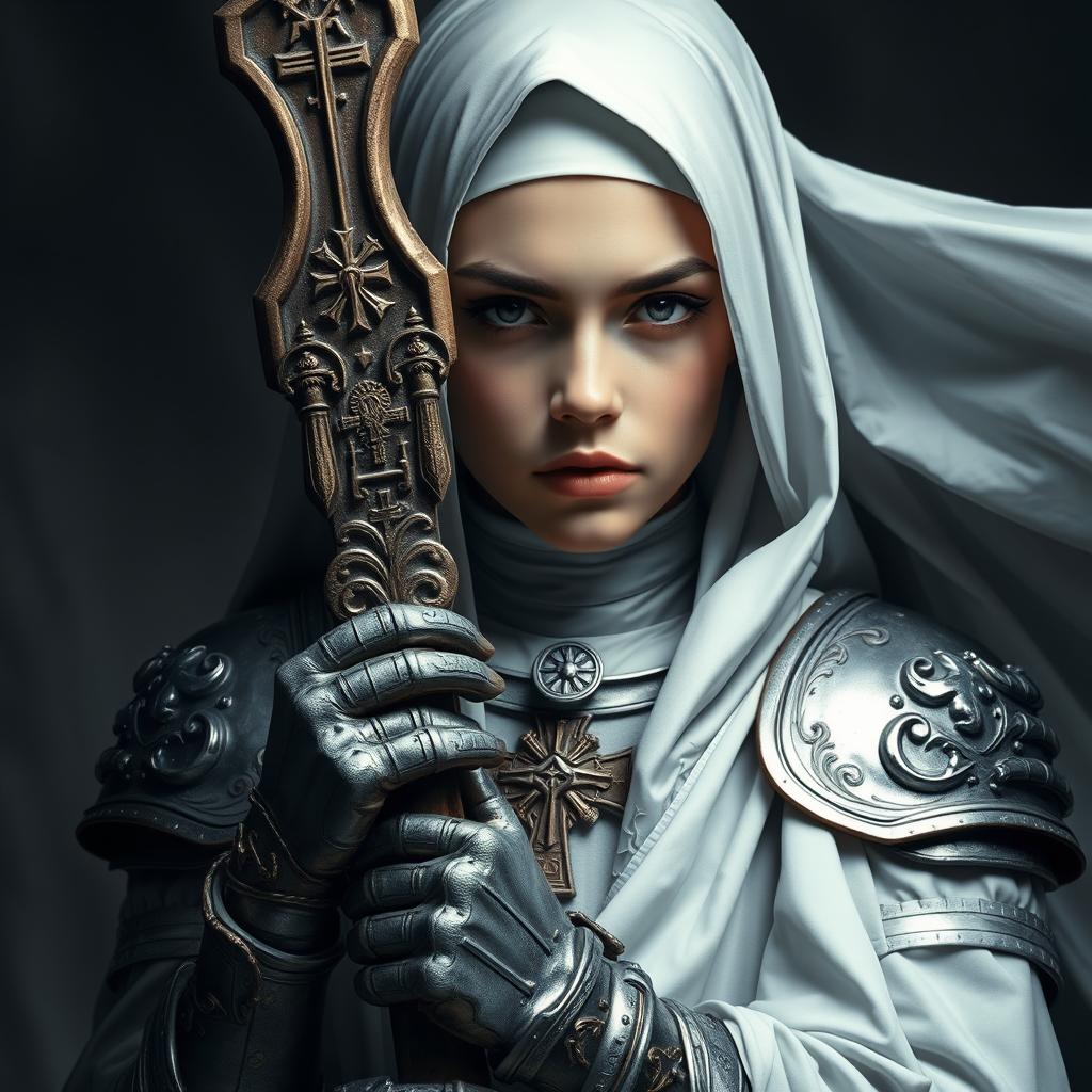A young woman in a dark fantasy setting, clad in a nun's outfit complete with silver armor on her shoulders and arms, richly adorned with religious decorations that signify her pious calling