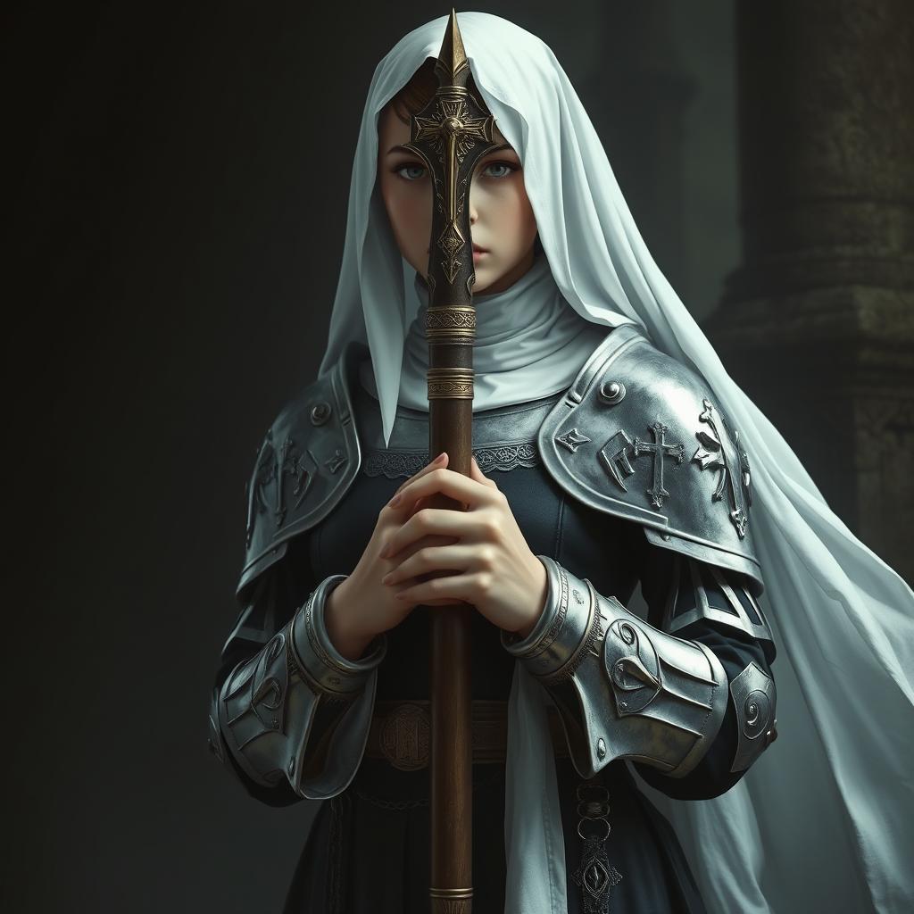 In a dark fantasy realm, a young woman stands poised in a nun's attire, enhanced by silver armor on her shoulders and arms, elegantly decorated with intricate religious motifs that signify her pious mission