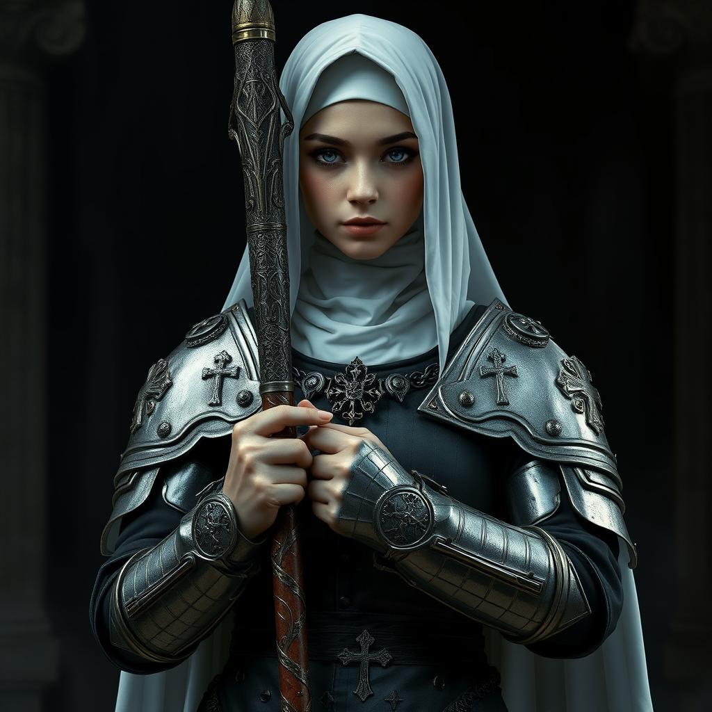 In a dark fantasy environment, a young woman stands proudly dressed in a nun's attire complemented by silver armor on her shoulders and arms, richly adorned with elaborate religious decorations that reflect her devout nature