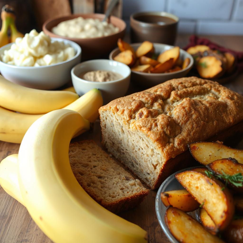 A delicious close-up of freshly baked banana bread with a golden-brown crust, surrounded by a few ripe bananas and a backdrop of rustic kitchen elements