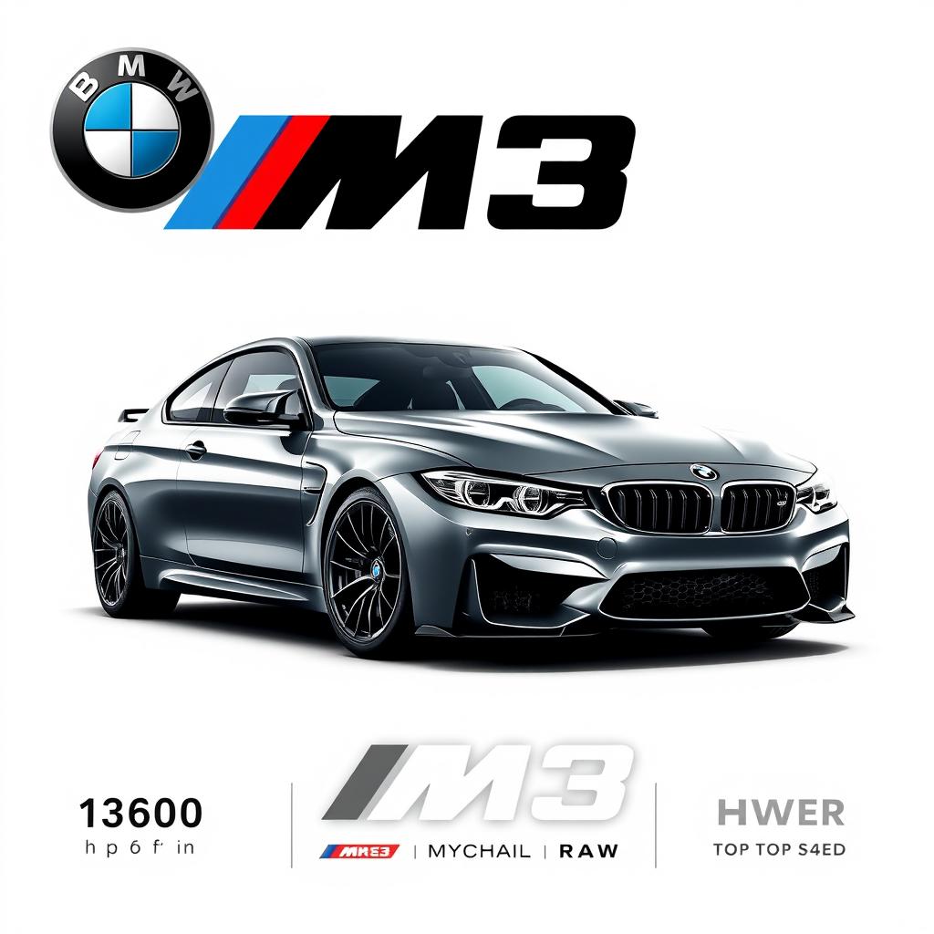 A striking automotive poster showcasing a BMW M3 with a powerful presence, highlighting its sporty design and advanced features