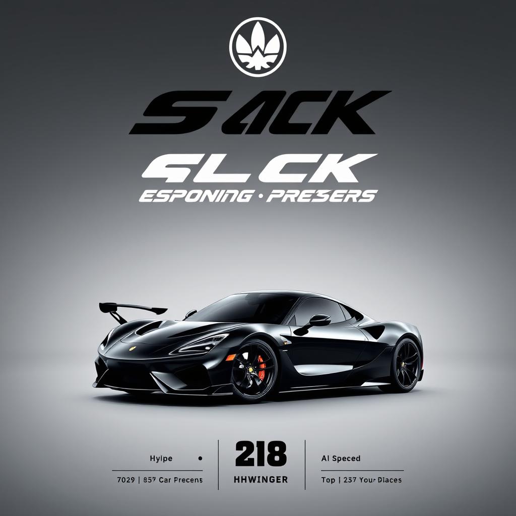 A sleek automotive poster featuring a black high-performance sports car, emphasizing its powerful specs and sleek lines