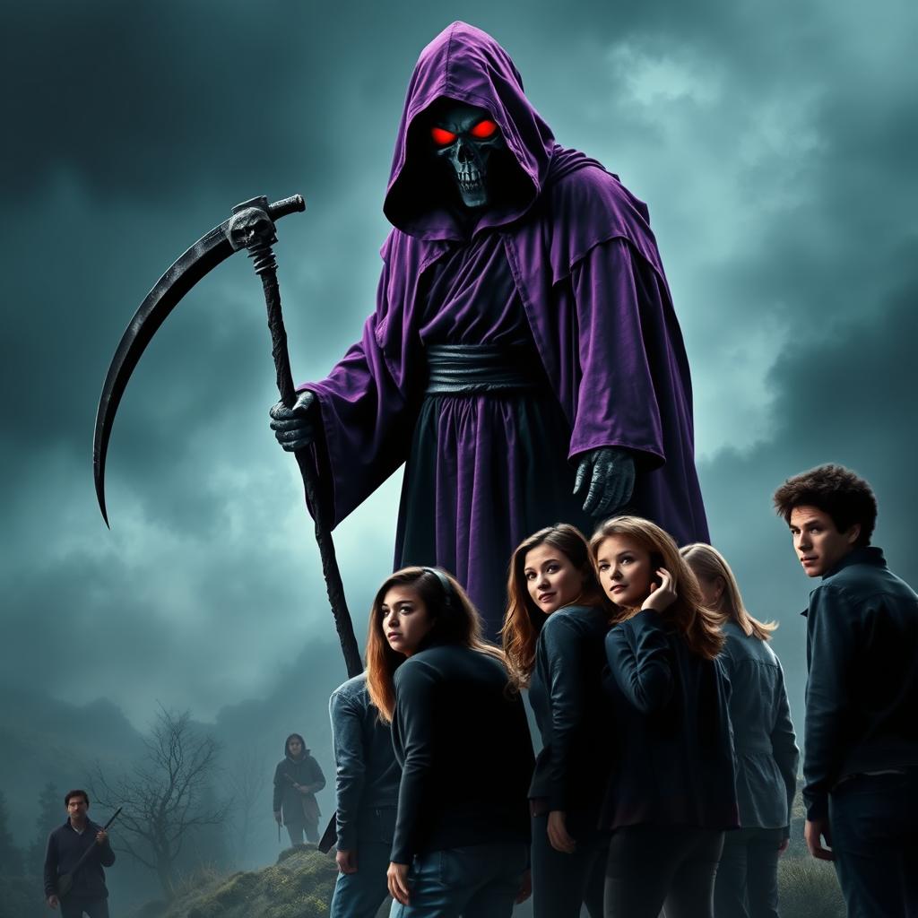 A movie poster featuring the Grim Reaper, depicted as a tall figure dressed in a vibrant purple and black robe