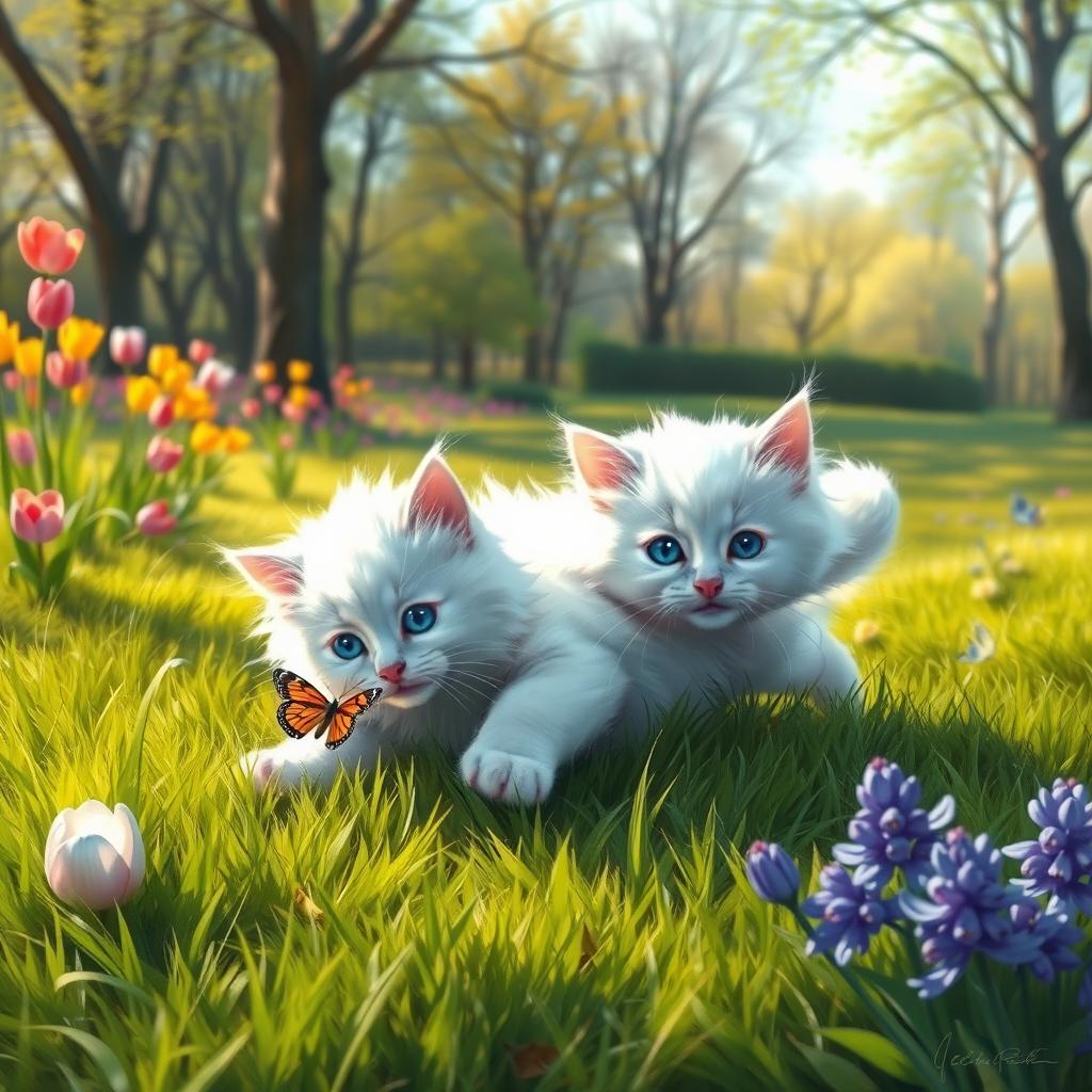 A fluffy white cat with bright blue eyes playing in a sunny spring park