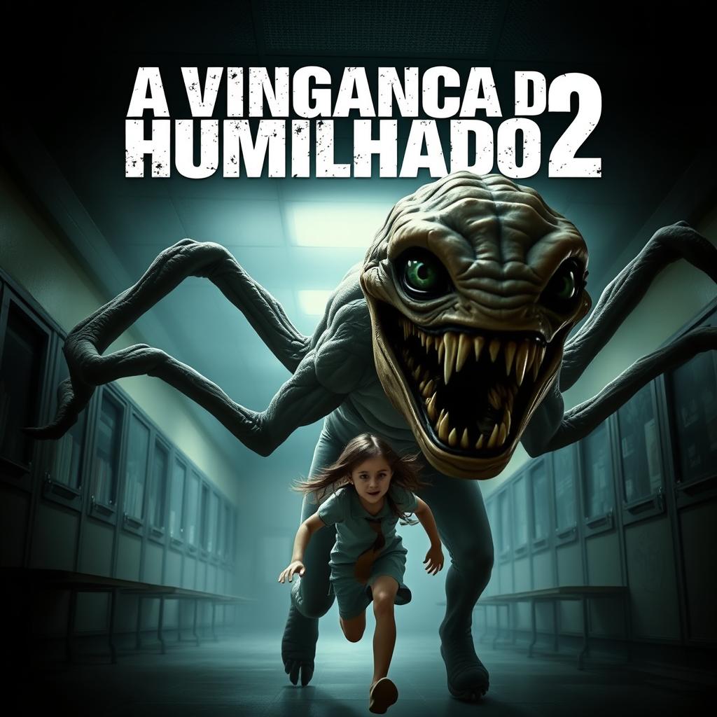 A movie poster for 'A Vingança do Humilhado 2', featuring a horrifying monster with human-like skin, an elongated mouth filled with sharp teeth, and deep black eyes