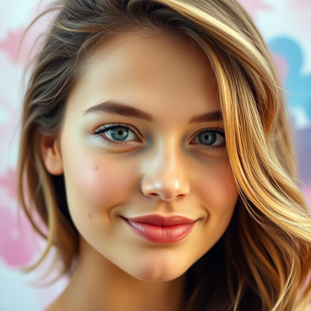 A close-up portrait of a young adult woman with medium-length hair styled in soft waves, lightly tanned skin, and a subtle expression of confidence