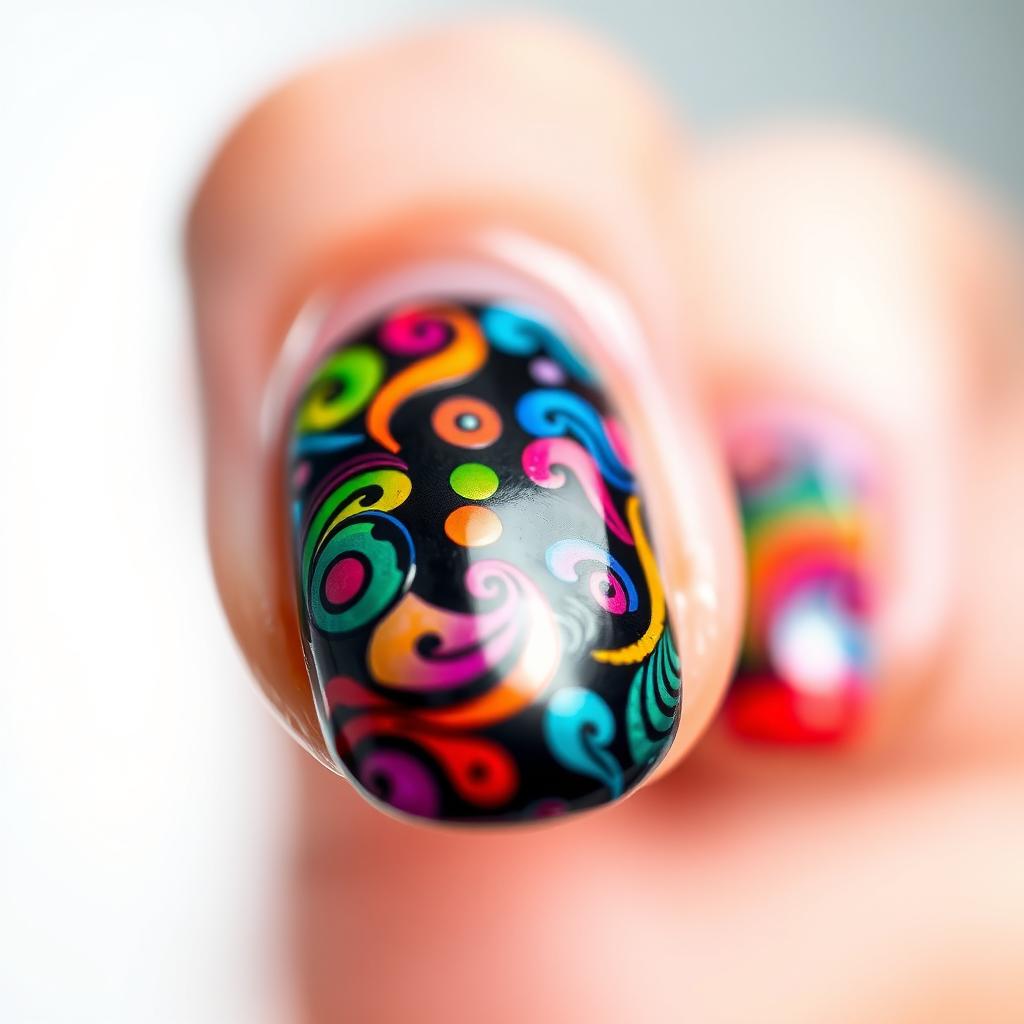 A colorful and artistic representation of a fingernail designed to look like the letter 'a'