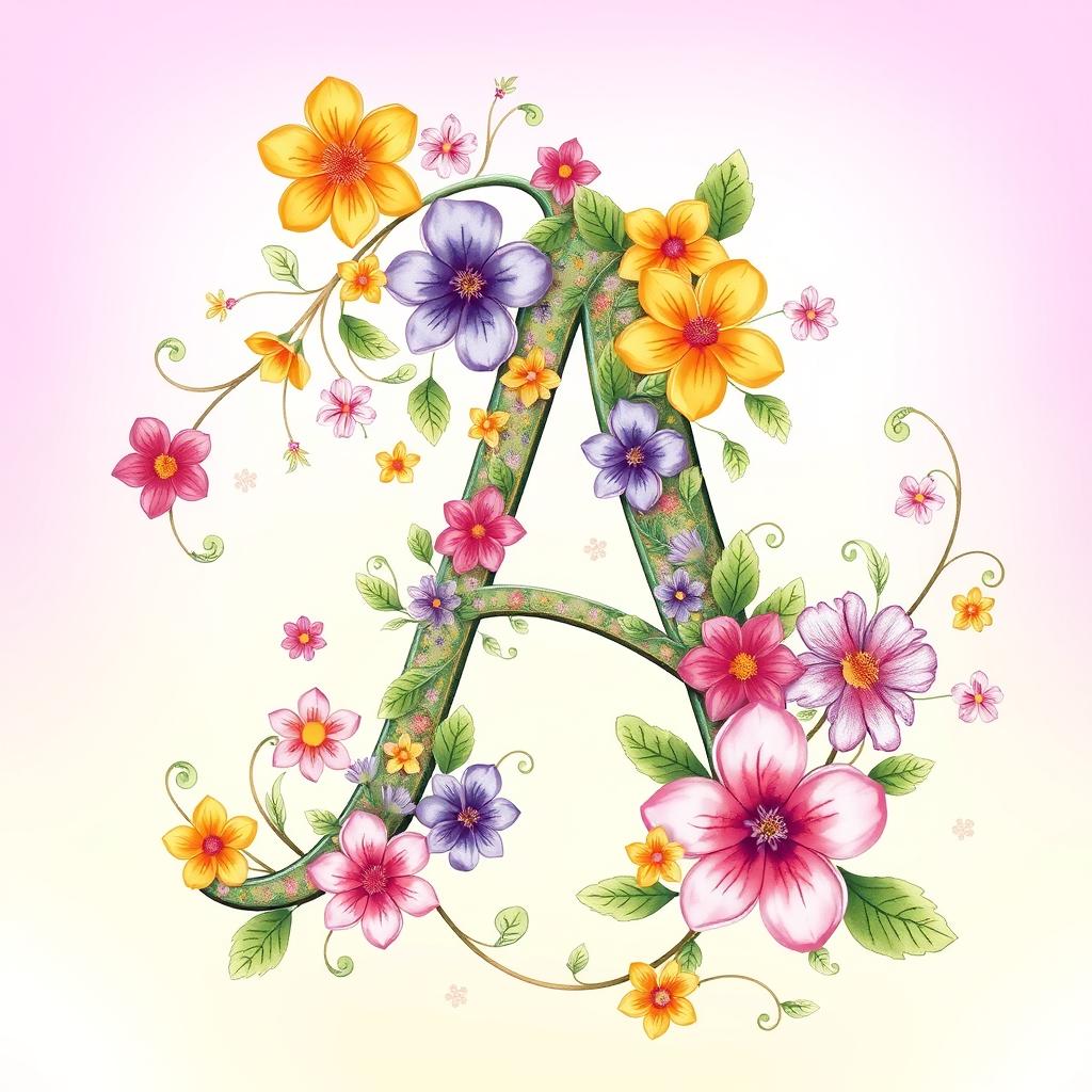 An artistic representation of the letter 'A' embellished with intricate floral motifs and flourishes
