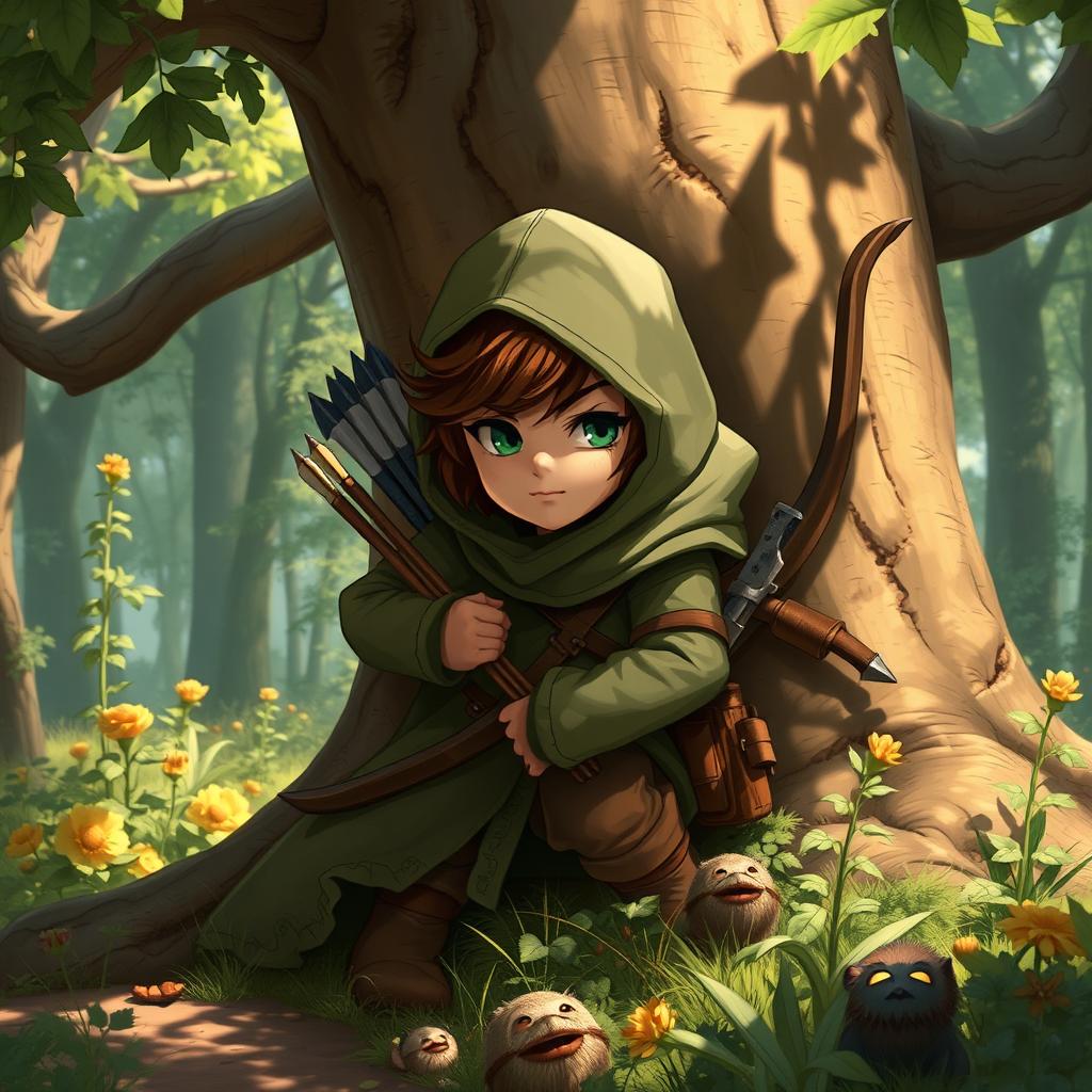 A skilled halfling ranger/rogue in an enchanted forest setting