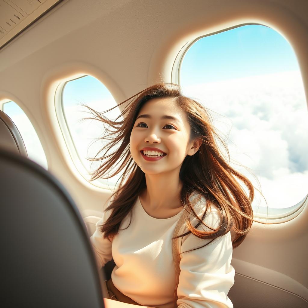 A beautiful Chinese girl joyfully flying in an airplane, her hair flowing with the wind as she gazes out the window